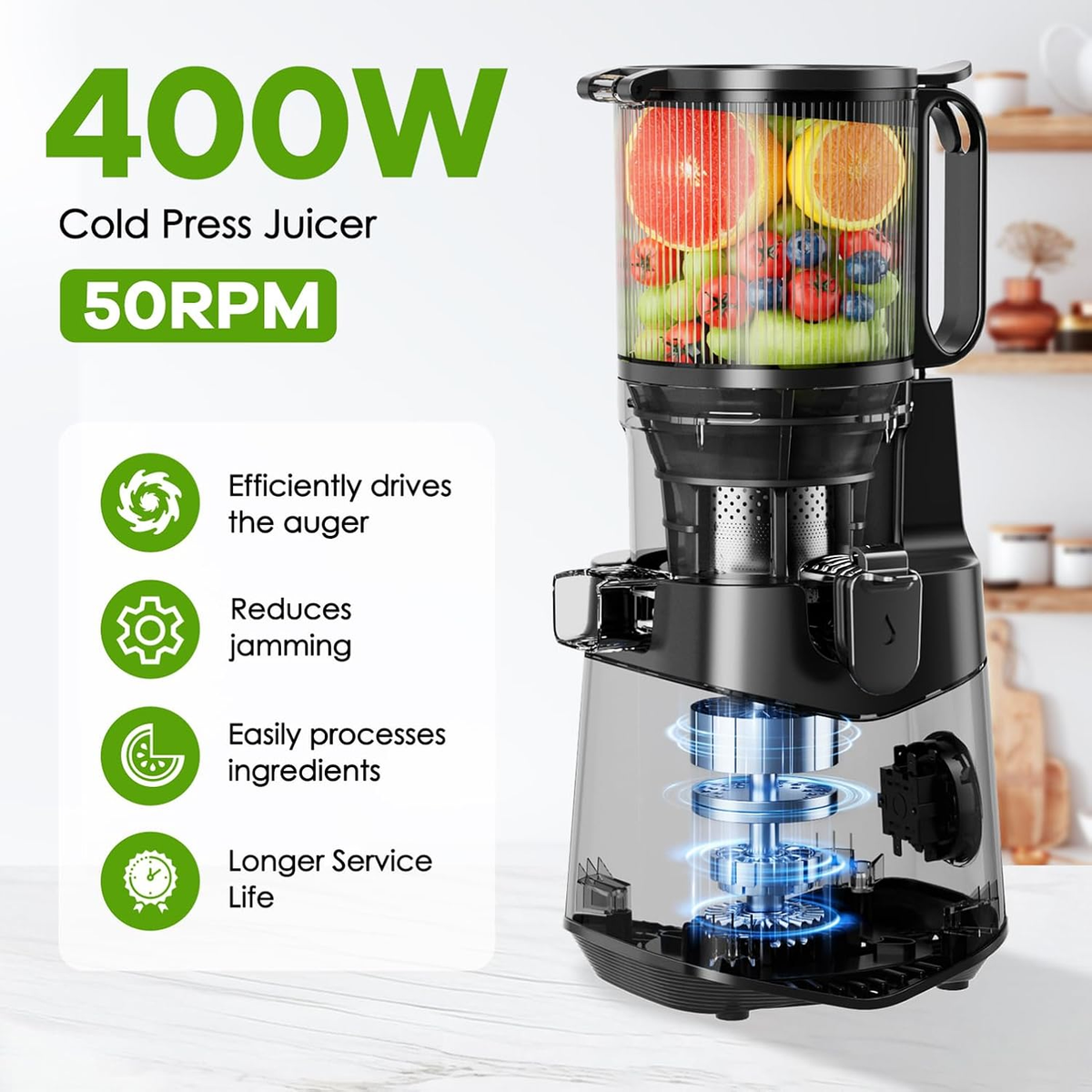 Cold Press Juicer, 5.8" Wide Feed Chute Juice Extractor Machine with 400W, High Juice Yield, Slow Masticating Juicer for Whole Vegetables & Fruits, Dark Grey