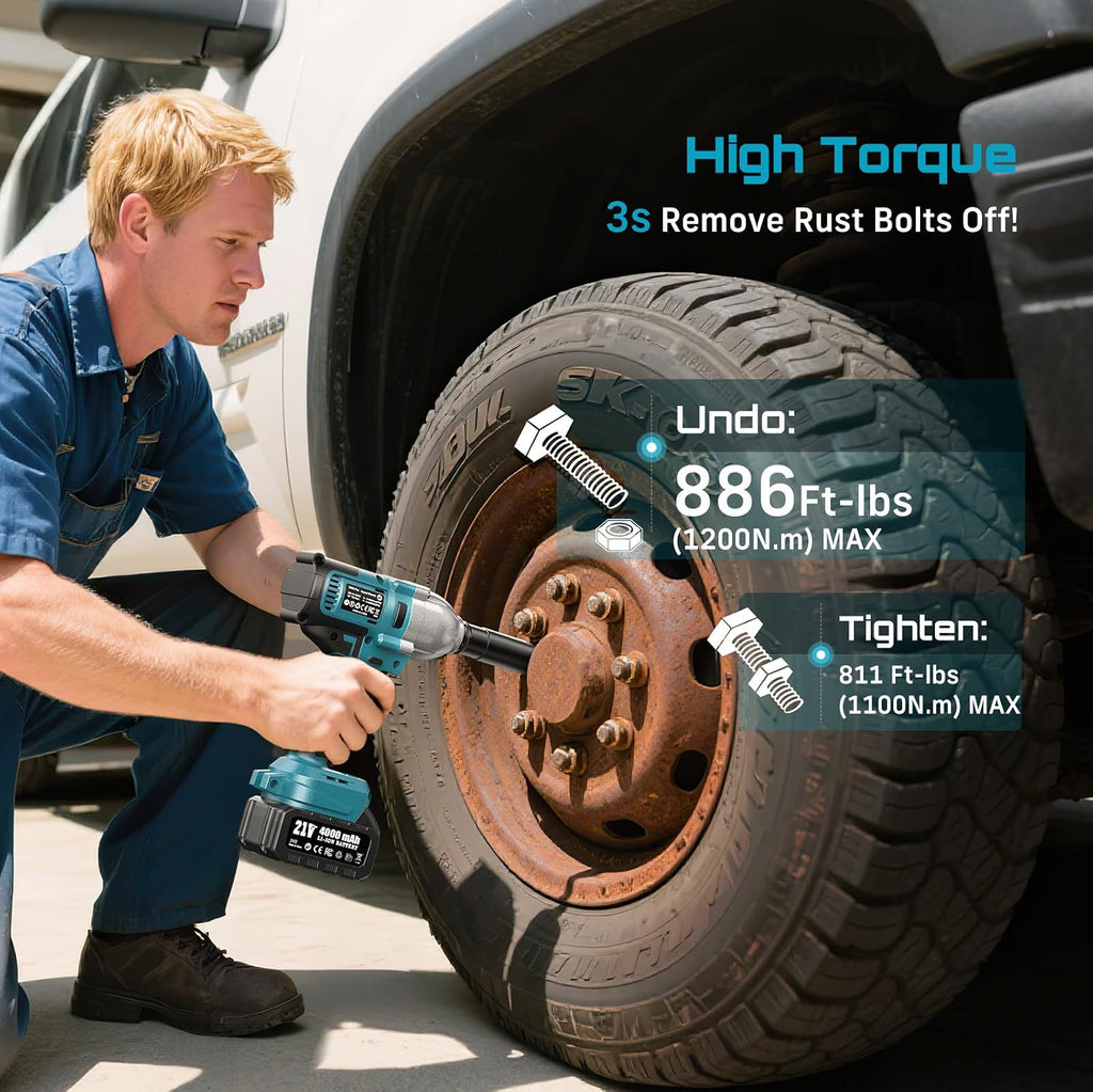 SEESII Impact Wrench 886 FT-LBS(1200N.m)1/2 Impact Gun with 2x4.0Ah Battery