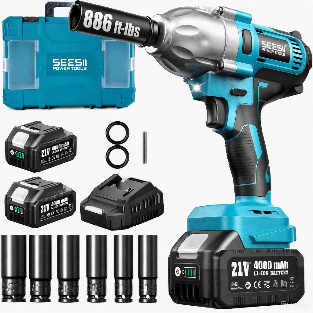 SEESII Impact Wrench 886 FT-LBS(1200N.m)1/2 Impact Gun with 2x4.0Ah Battery