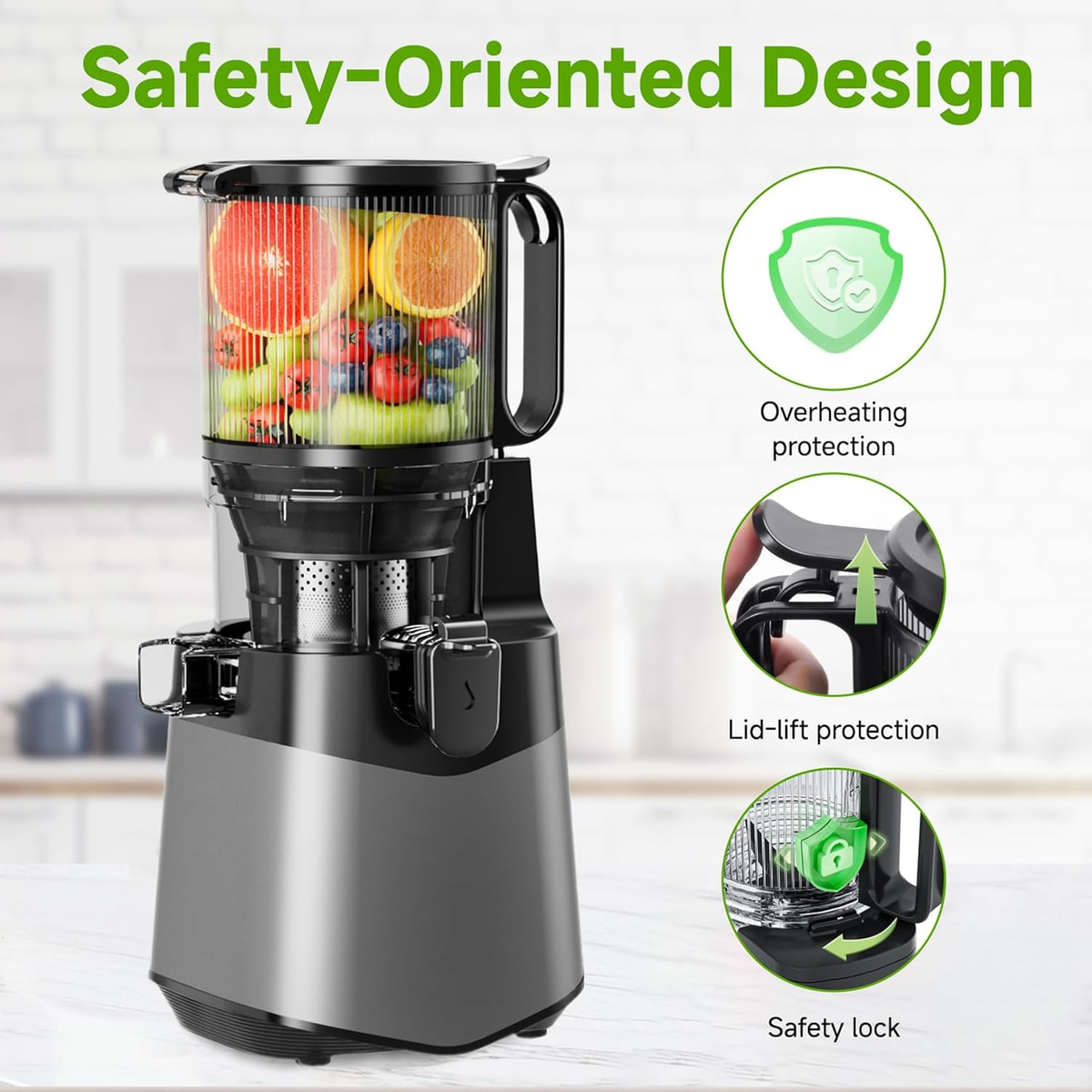 Cold Press Juicer, 5.8" Wide Feed Chute Juice Extractor Machine with 400W, High Juice Yield, Slow Masticating Juicer for Whole Vegetables & Fruits, Dark Grey