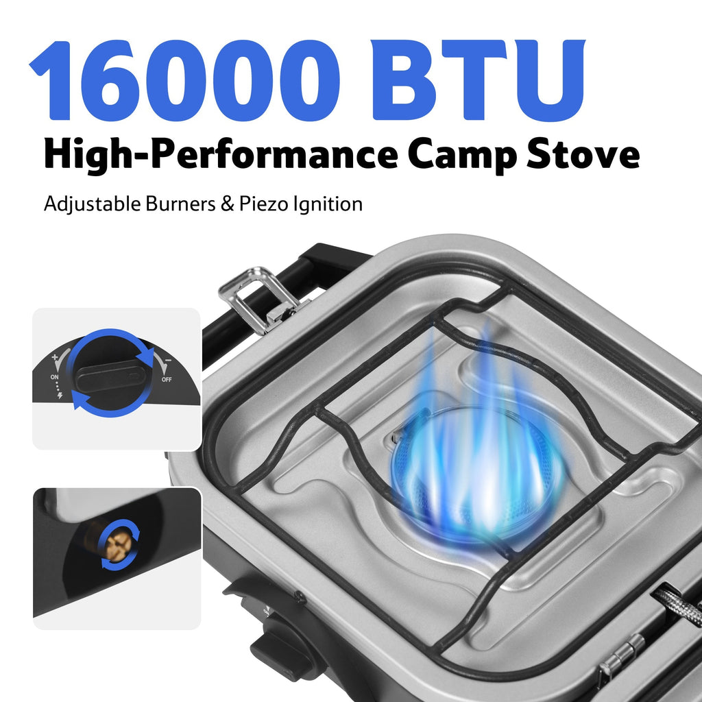 Naturehike Phantom 2-Burner Folding Camping Stove, IAPMO certified high-performance model, displaying its 16,000 BTU total output, adjustable burners, and convenient piezo ignition for efficient and safe outdoor cooking.