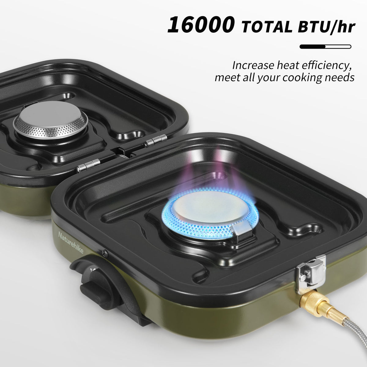 Close-up view of the Naturehike Phantom stove's powerful flame on a white background, highlighting the 16,000 BTU total output for rapid and efficient camp cooking.