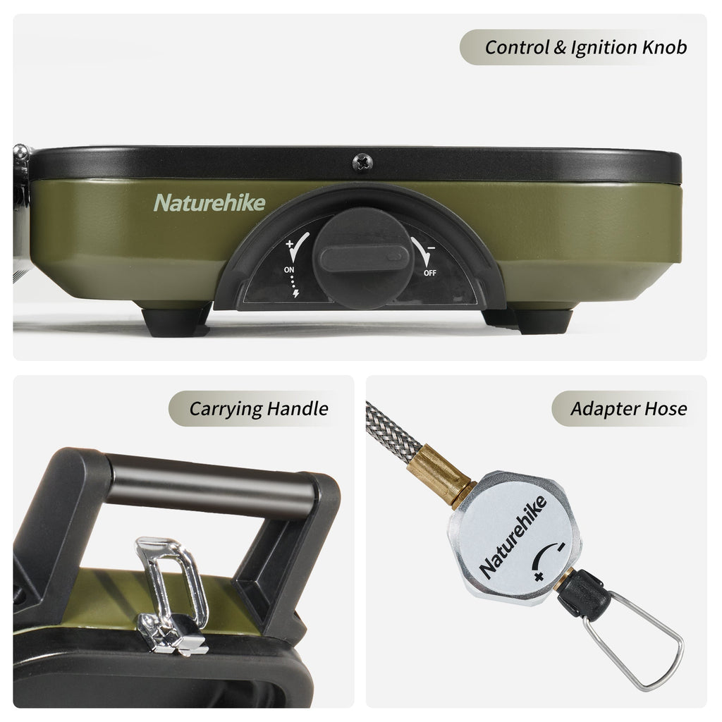 Detailed view of the Naturehike Phantom 2-Burner Folding Camping Stove, highlighting the precise control and ignition knob, the convenient carrying handle, and the included adapter hose for fuel connection.