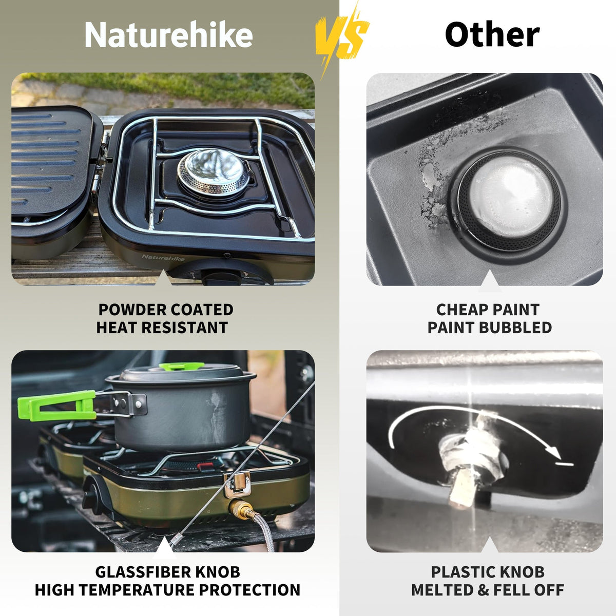 Naturehike Phantom stove comparison highlighting superior quality: Powder-coated, heat-resistant shell, and high-temperature protection glass fiber control knobs for enhanced outdoor durability and user safety.