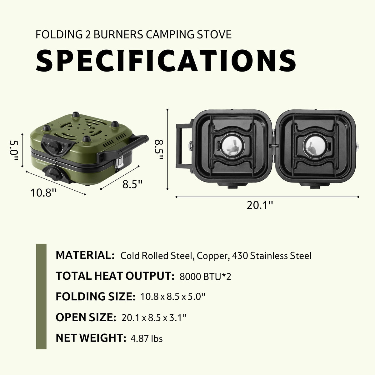 Technical specifications sheet for the Naturehike Phantom 2-Burner Folding Camping Stove, detailing dimensions, weight, durable stainless steel material, and the 16,000 BTU total heating output.
